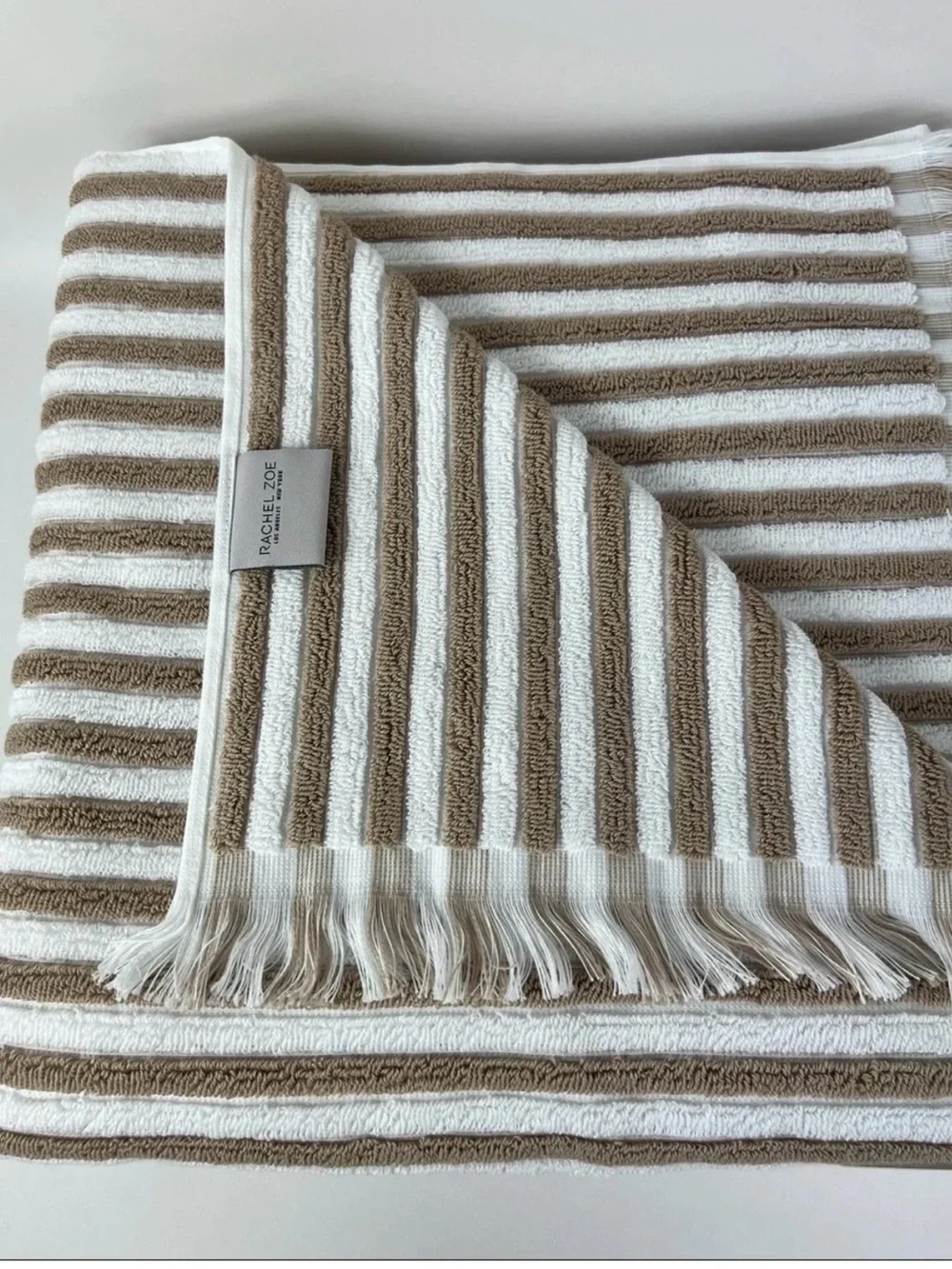 2 Rachel Zoe Bath Sheet Set 34” x 64” Tan White Striped Fringe Cotton Towels 2